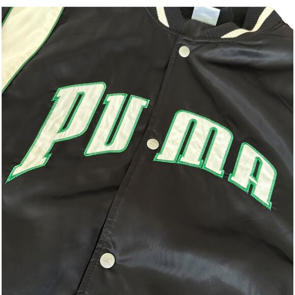 PUMA Varsity Bomber Jacket Y2K Satin Streetwear Logo Spell Out Snap Button M - Picture 2 of 8